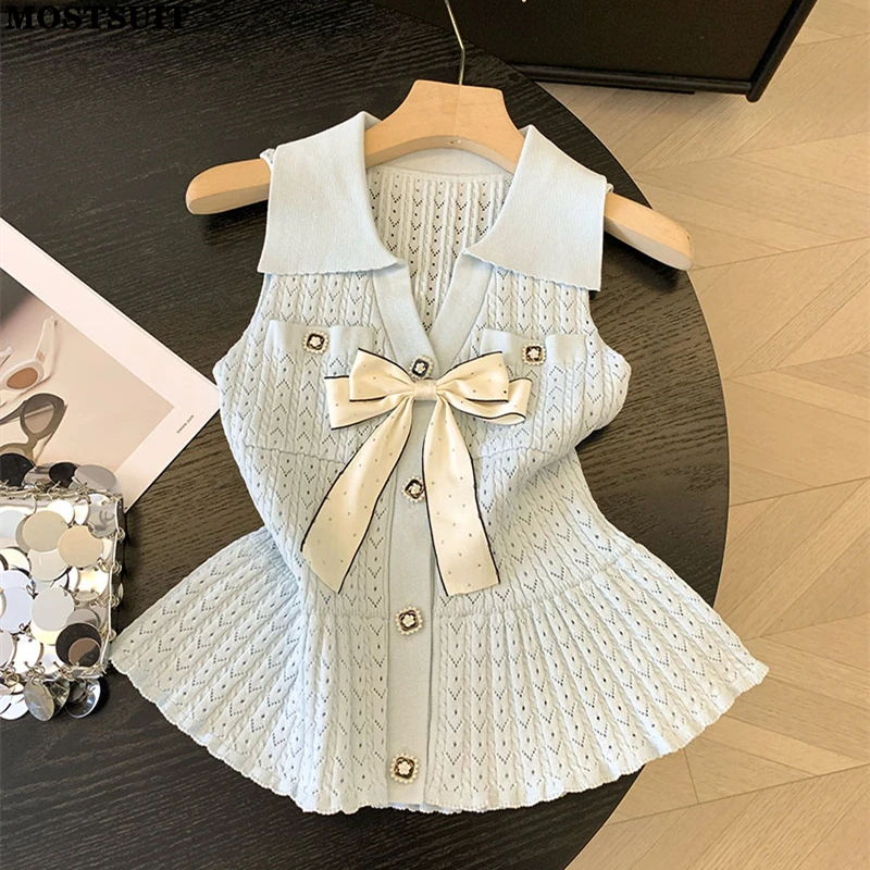 

Stylish Elegant Knit Sweater Vest For Women Summer Sleeveless Bowtie Single-breasted Tops Knitwear Vintage Chic Ladies Jumpers