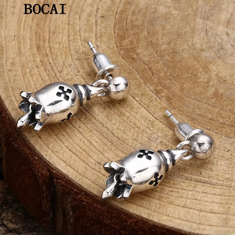 NEW  S925 Sterling Silver Retro Rock Personalized Flower Bud Bell Earrings Men's and Women's Styles