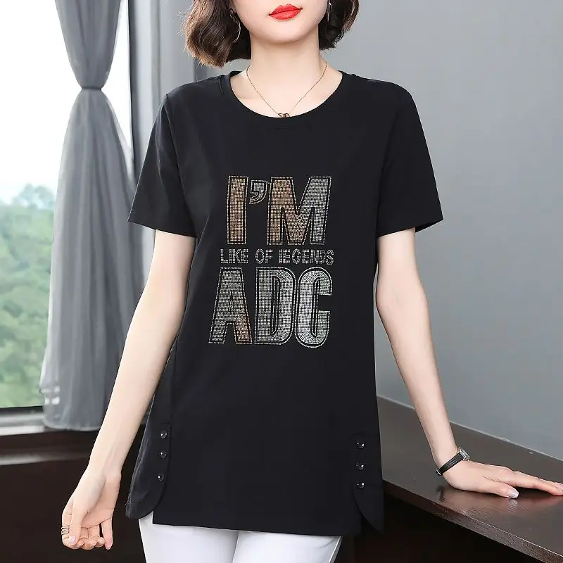 Summer New Vintage Loose Tops Split Hem Short Sleeve Print Letter Solid Button Casual T Shirts Fashion Office Women Clothing