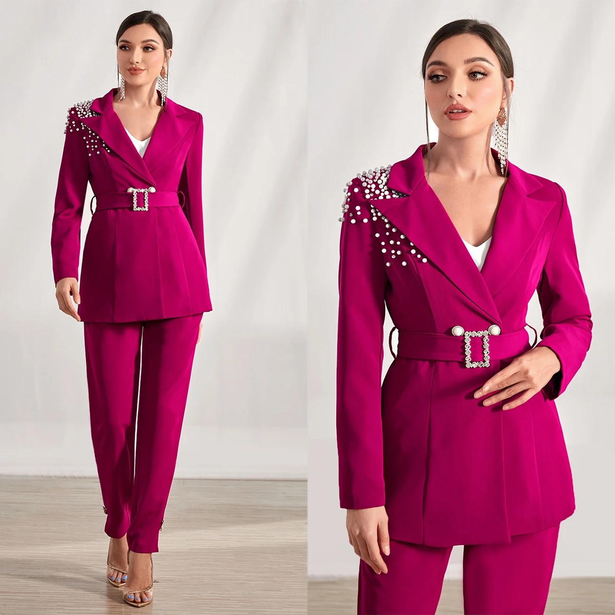 

Fashion Women's Suit Beaded Pearls Peak Lapel Crystal Belt Blazer For Evening Party Prom 2 Pcs Jacket With Pants Custom Made