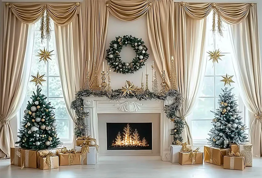 Mehofond Photography Backdrop Luxurious White Christmas Fireplace Family Holiday Portrait Wreaths Garlands Stars Background Prop