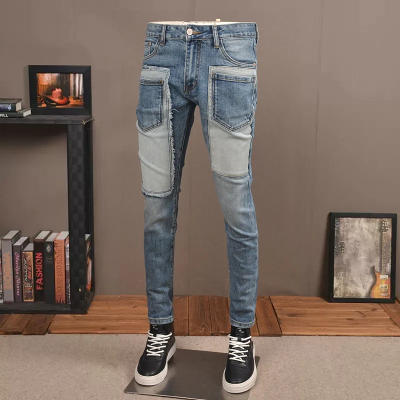 Fashion Streetwear Men Jeans Retro Blue Stretch Slim Fit Spliced Designer Ripped Jeans Men Multi Pockets Hip Hop Pants Hombre