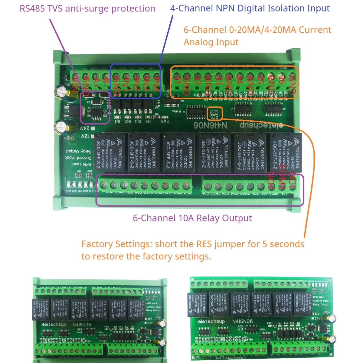 N4I6N06 Analog Digital Mixed Remote IO Module RS485 Modbus RTU Dry Contact Relay Board 6AI-4DI-6DO DC 12V 24V 4-20MA