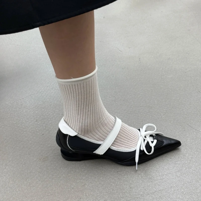 

Туфли на каблуке 2025 г., осенние новые туфли с острым носком, неглубоким носком, на шнуровке и бантом, нескользящие, износостойкие туфли на каблуке «котенок»