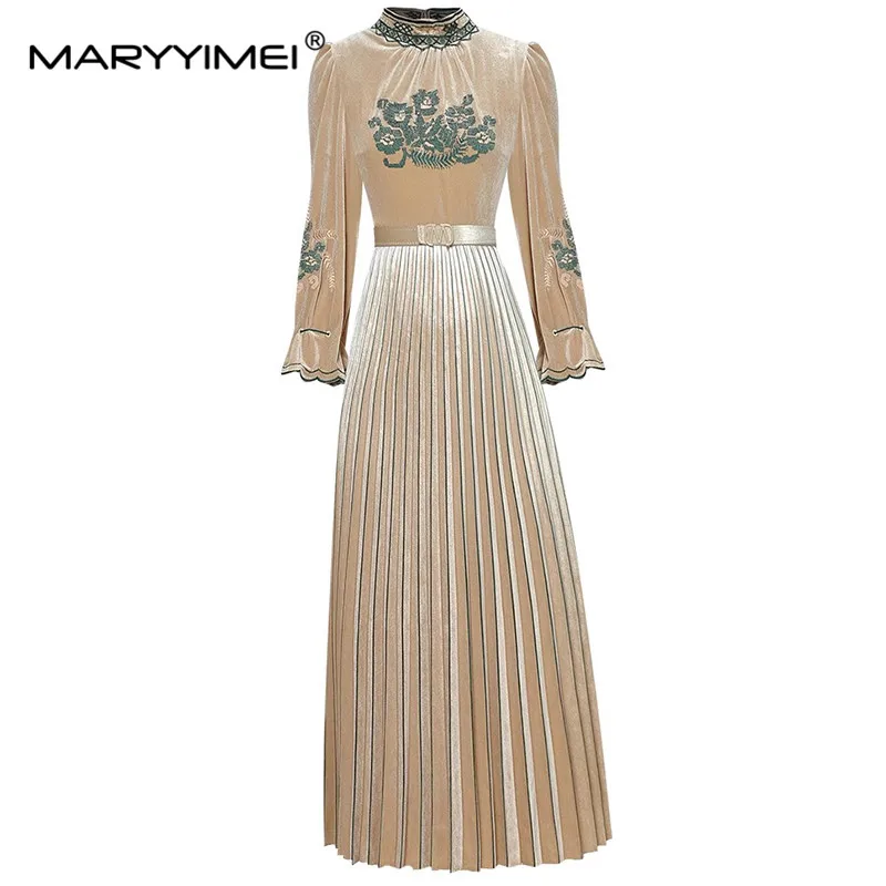 MARYYIMEI Autumn Fashion Designer Women dress Standing collar Long sleeved Embroidery Lace up Patchwork Pleated Velvet Dresses