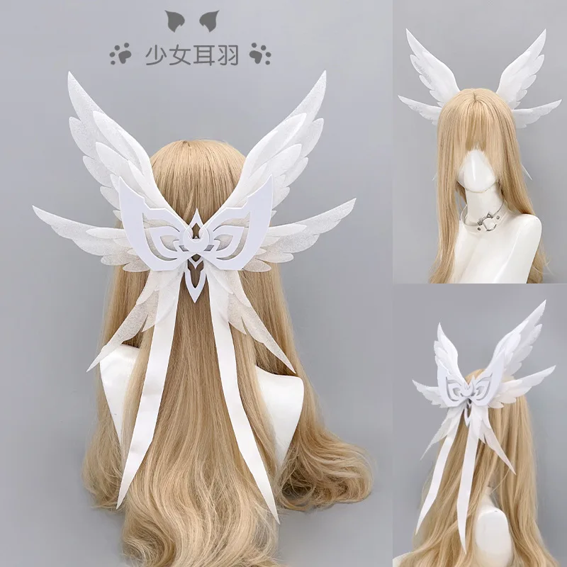 White Angel Wing Hair Clip with Long Ribbons for Genshin Impact Columbina Cosplay, Anime & Lolita Headpiece