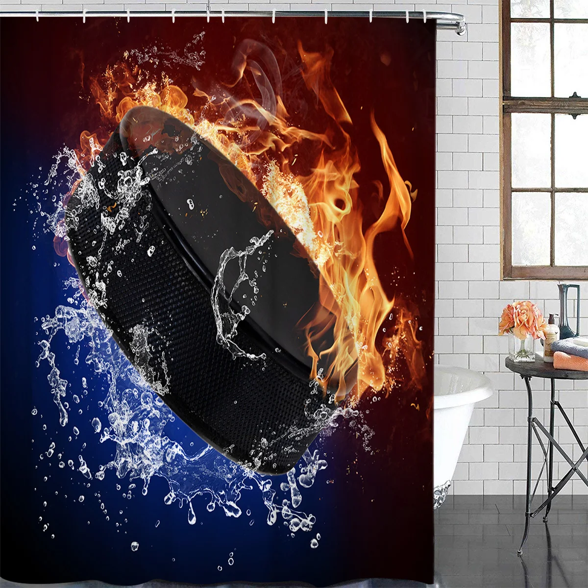 Ice Hockey Water Fire Waterproof Bathroom Decoration Shower Curtain With Hook Printed Bathtub Curtains Bathroom Accessories