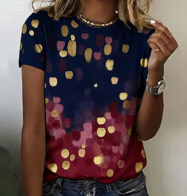 Crew Neck Short Sleeve Colorful Abstract Dot Print T Shirt Women's Outfits Casual Streetwear