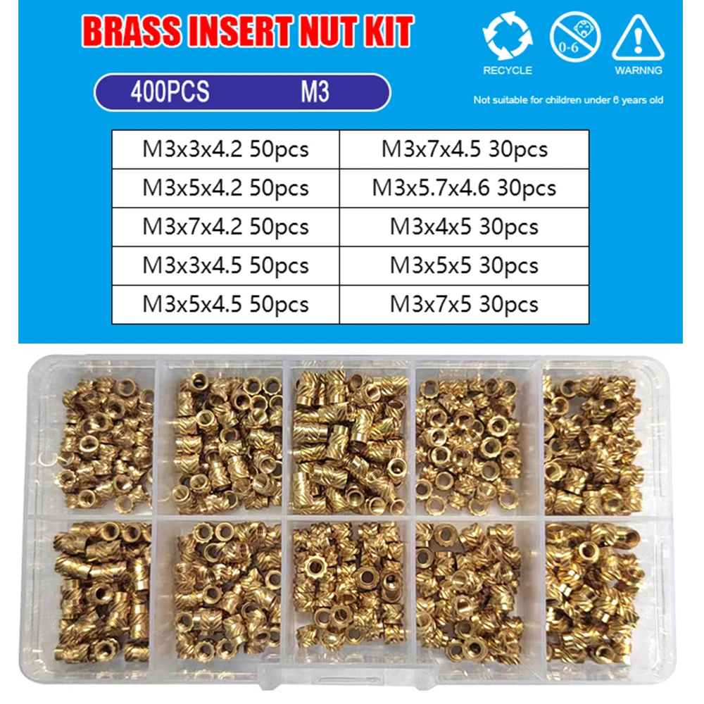 Juego surtido de tuercas de cobre, insertos moleteados de doble sarga, inserto roscado de latón, M2, 5, M3, M4, M5, M6