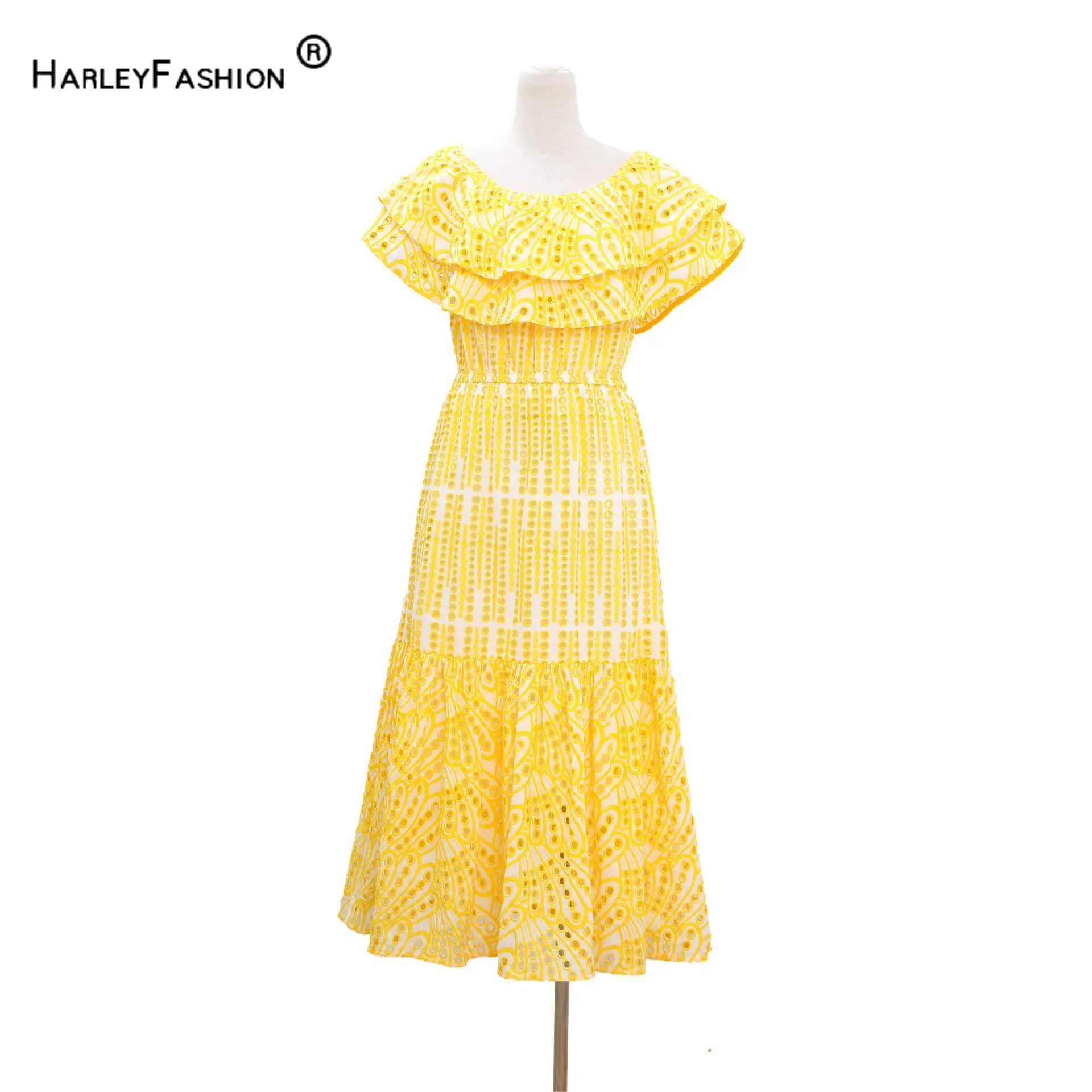 Hot Sexy Off The Shoulder Women Summer Cotton Ruffled Long Length Embroidery Lace Lady Yellow Dress