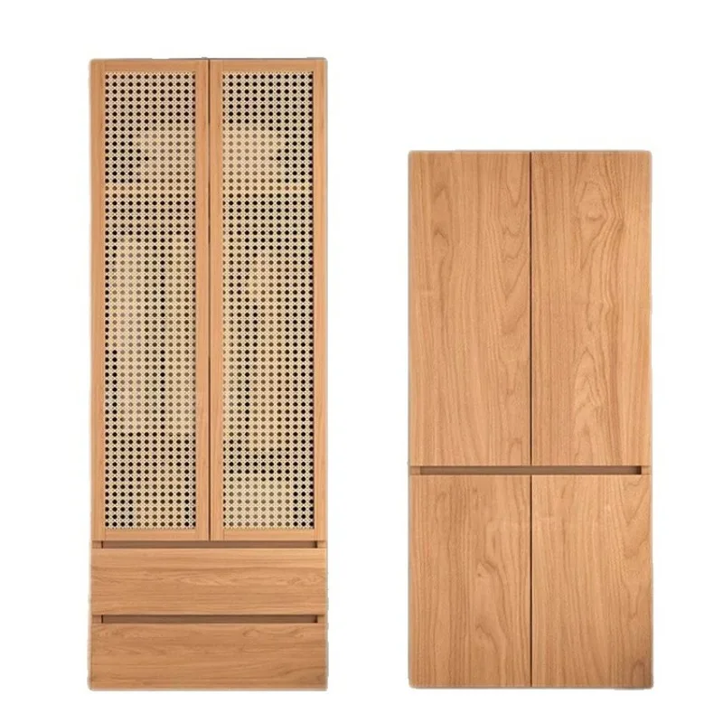 All Solid Wood Wardrobe, Rattan Storage Cabinet, Log Garment Hanging Unit with Eco-friendly Material