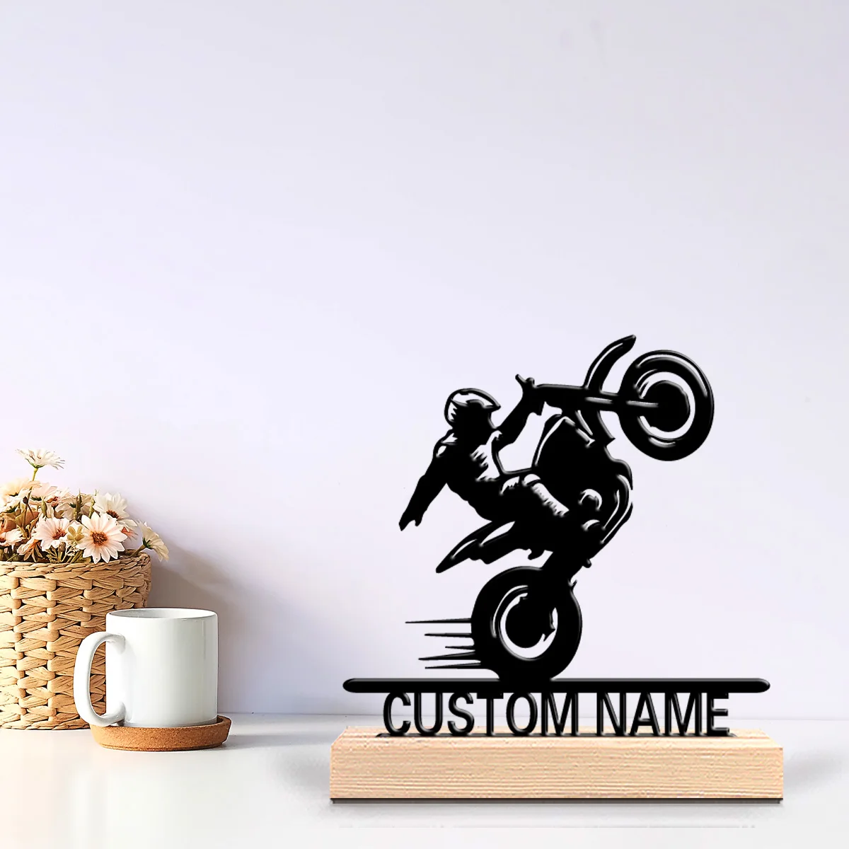 1pc Simple Motorcycle Kid Custom Text Metal Statue Art Crafts With Wood Base Metal Sculpture With Wood Base For Boys Gifts