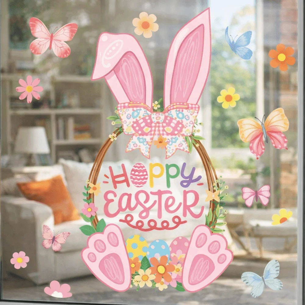 

Pink Easter Window Stickers Double-Sided Static PVC Happy Easter Window Stickers Easy Apply Decorative Spring Bunny Decal