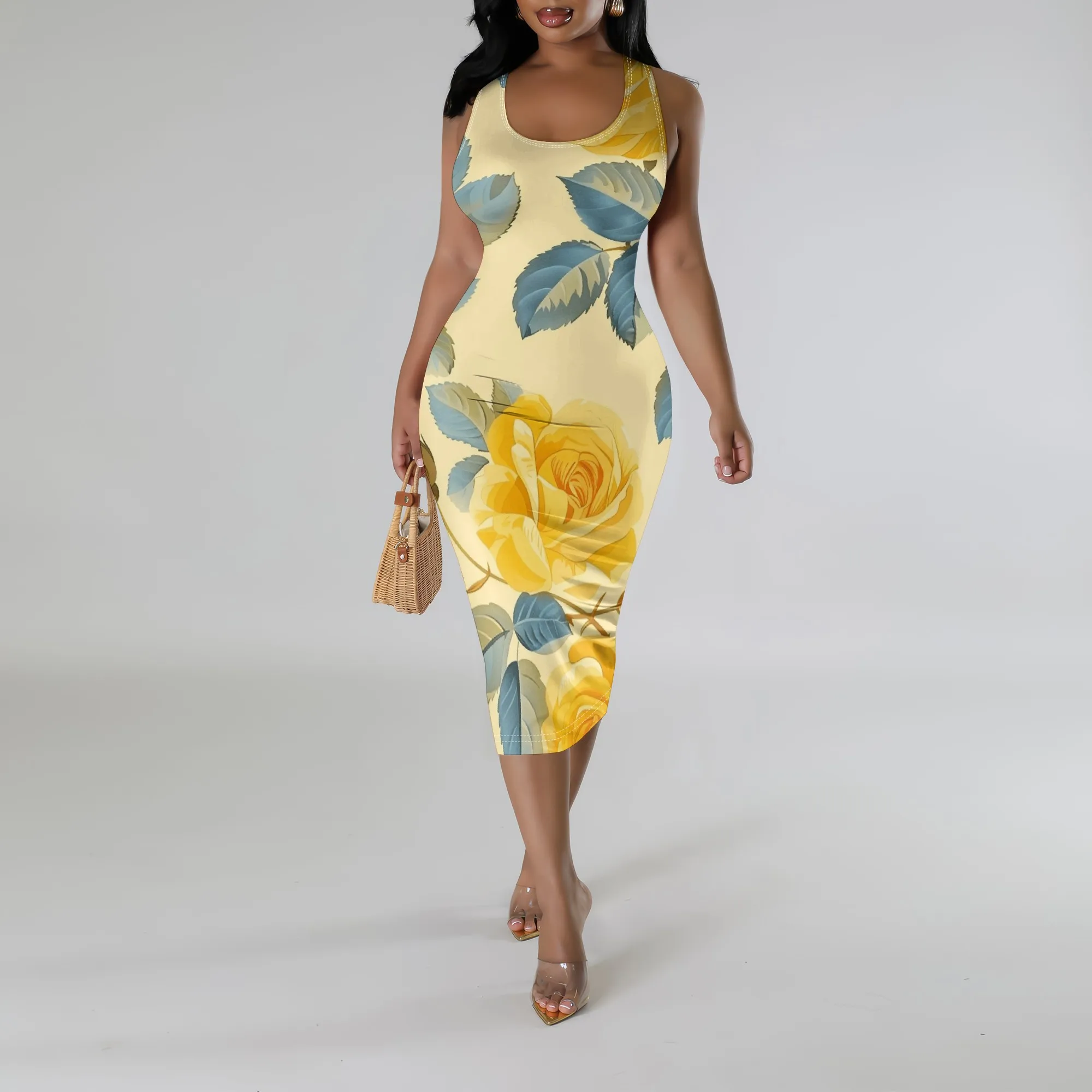 

Women's Rose Floral Print Sexy Bodycon Tank Dresses Sleeveless Midi Club Party Dresses