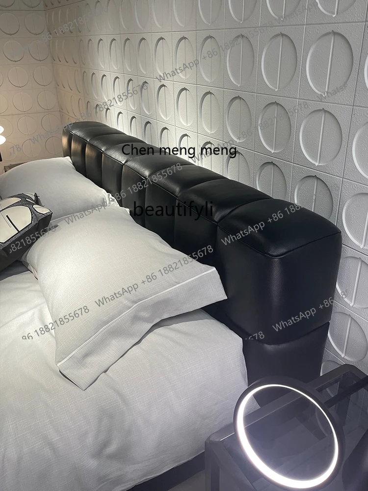 Genuine leather Italian minimalist high-end stylish double master bedroom 1.8m wedding bed black new classic leather bed