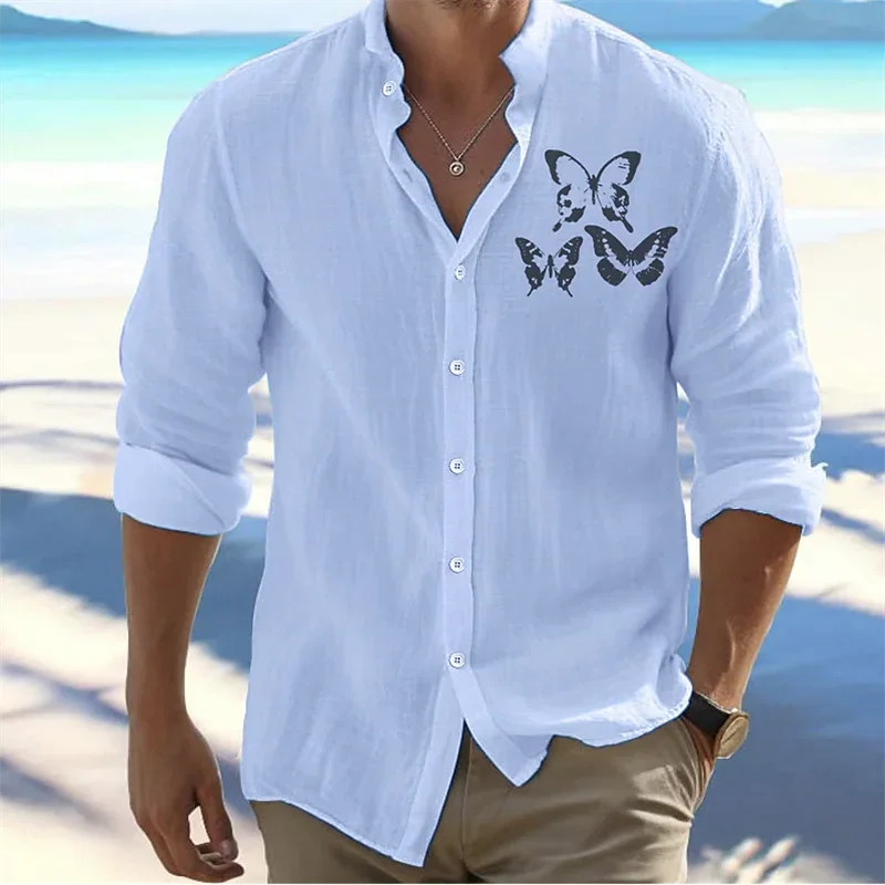 Linen Breathable and Comfortable Floral Butterfly Pattern Shirt 3D Pattern Printed Long Sleeve Shirt Daily Casual Business Shirt