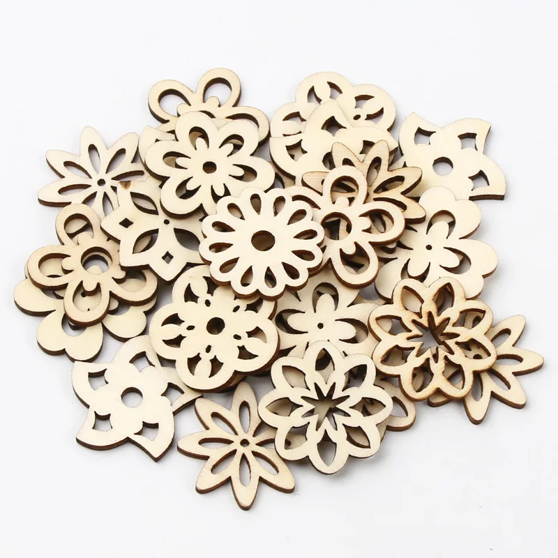 20pcs Wooden Embellishments Flower Shape Cutouts DIY Scrapbooking Crafts Wooden Discs Wood Slice Ornament Home Decoration