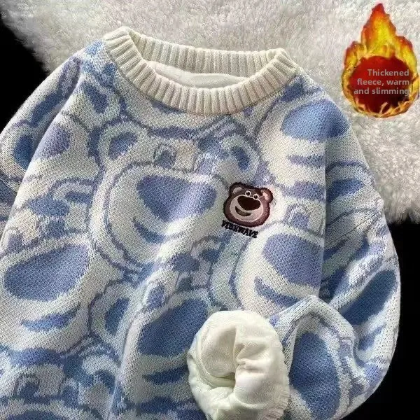 

Stberry Bear Thiened, широкий свитер с круглым воротником, женский японский свитер Sle Little ence, винно-красный вязаный свитер Autu...