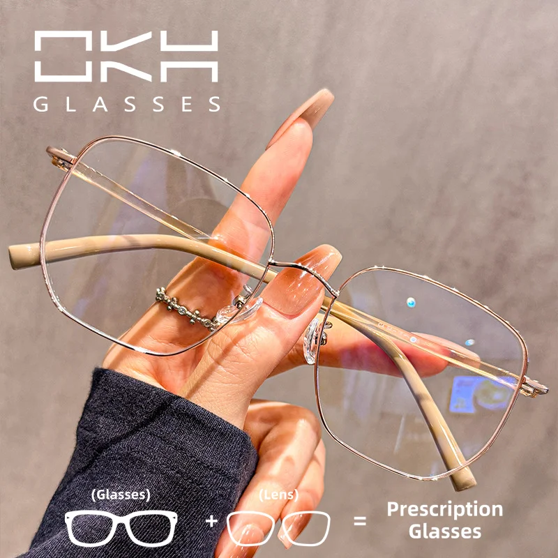 OKH – lunettes de myopie polygonales en soie dorée, grand cadre, pour hommes et femmes, café au lait doux, lunettes de Prescription personnalisées pour la lecture