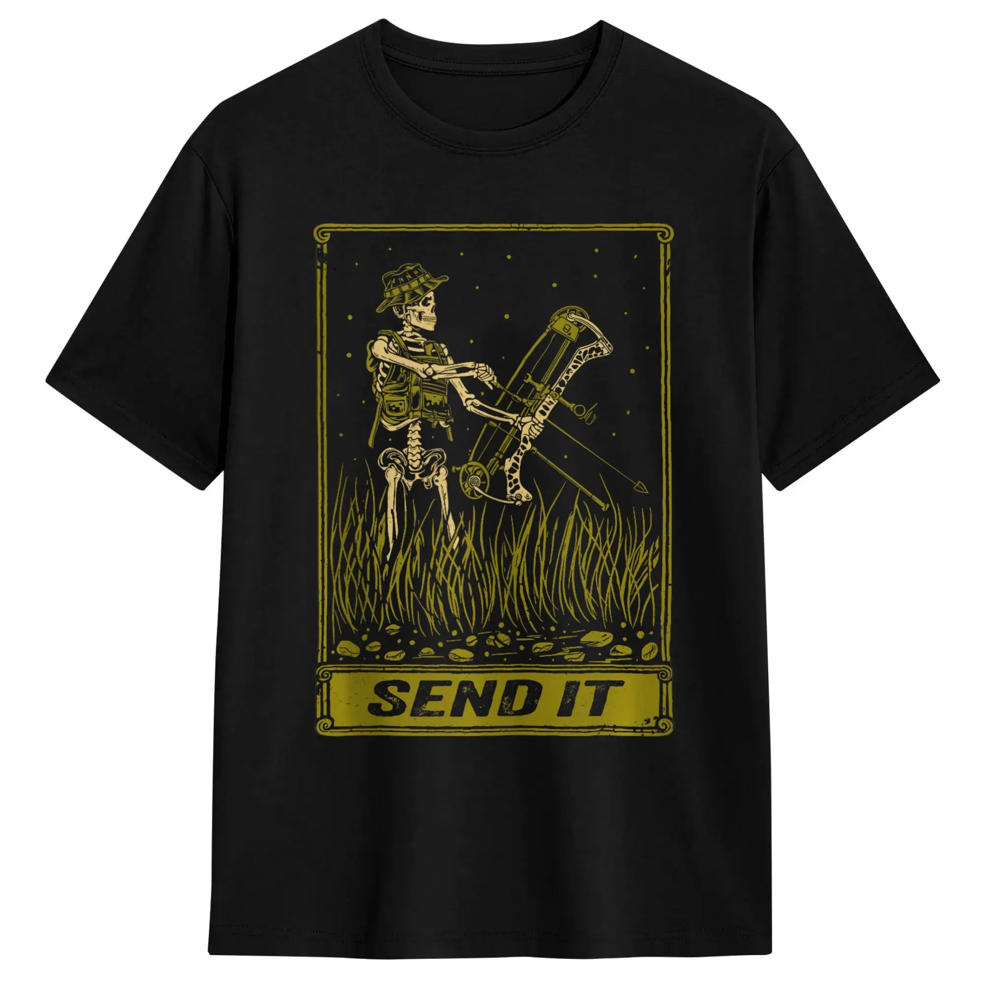Send It Vintage Bowfishing Skeleton Outdoor Adventure Art T Shirt for Men Cotton T-Shirt Crewneck Tees Short Sleeve Clothing