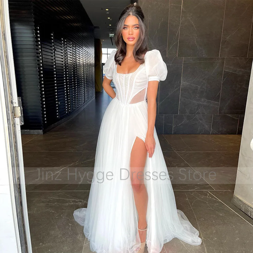 Vestidos de casamento de tule branco para mulheres, vestido nupcial, gola quadrada, mangas curtas inchadas, vestidos de casamento, fenda alta coxa, vestido de noiva longo