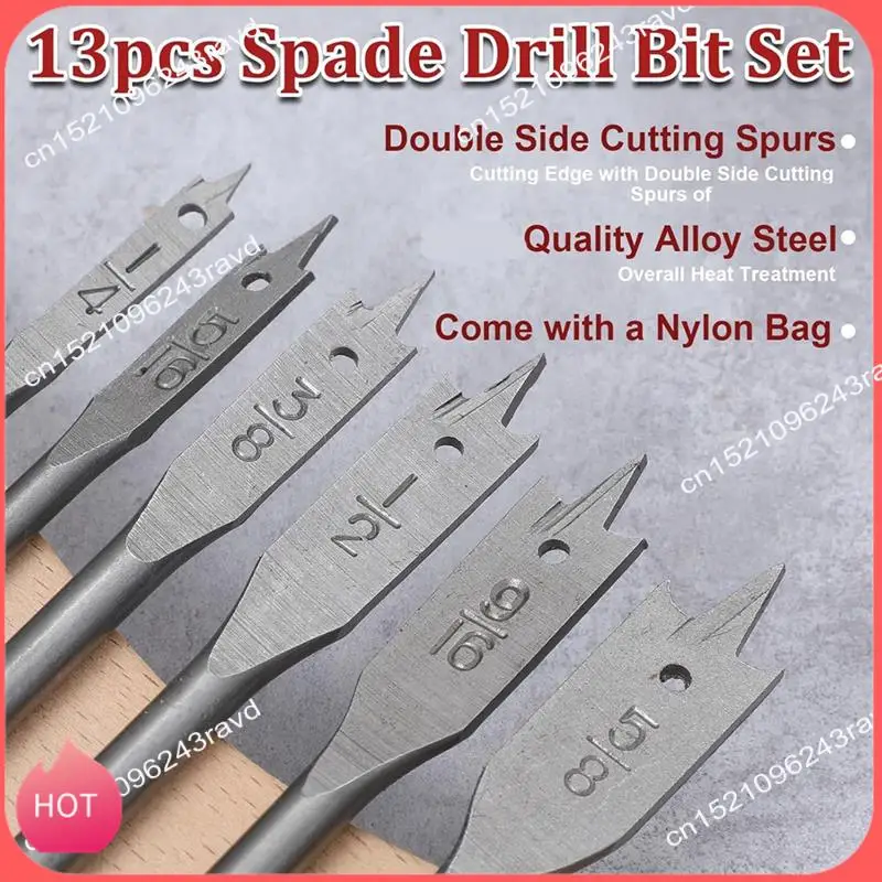 

HOT-13-Piece Spade Drill Bit Sets, Alloy Steel Paddle Flat Bit, Flat Wood Hole Cutter Fit For Woodworking, Assorted Bits