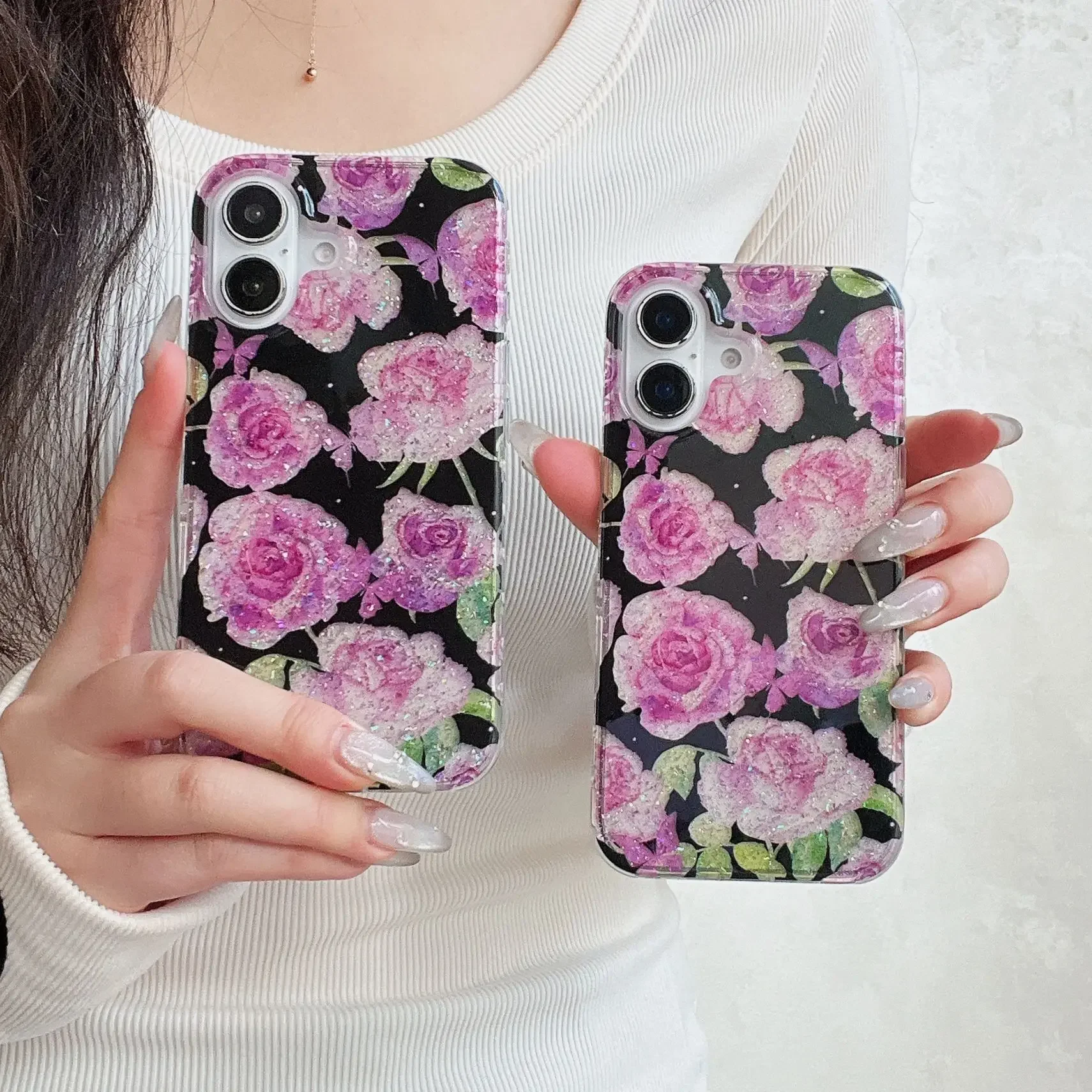 purple roses flowers Romantic glitter girls woman Phone case For iPhone 16 15 14 13 Pro Max Case Luxury shimmer Cartoon Cover