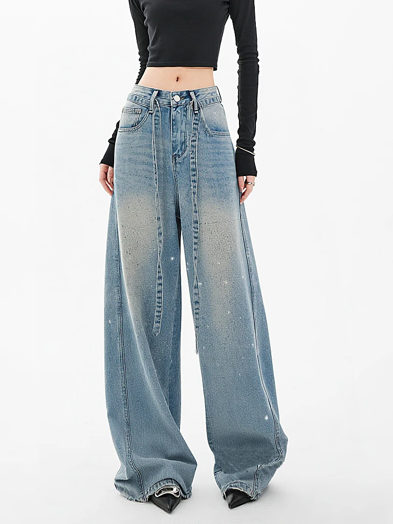 กางเกงยีนส์ทรงหลวมขาบานสไตล์อเมริกันย้อนยุค รุ่น Heavy Industry Tianxing Rhinestone สำหรับผู้หญิง