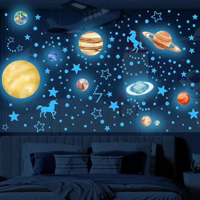 Glow in The Dark Unicorn Wall Stickers Kids Bedroom Decor Stars Decal Glowing Ceiling Planets Shinning Space Gift for Boys Girls