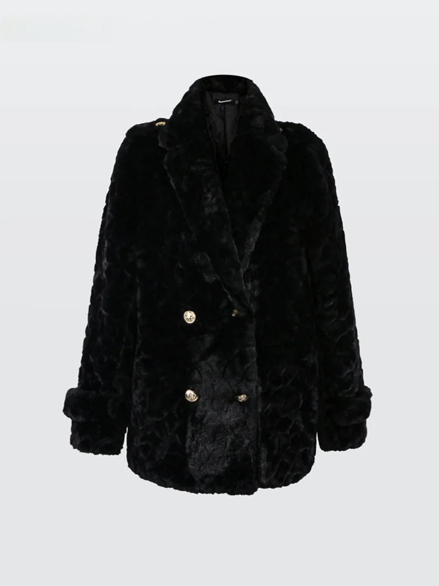 

Зимняя женская куртка Nerazzurri с длинным рукавом, двубортная, из искусственного меха, с плюшевой подкладкой, в корейском стиле, с V-образным вырезом