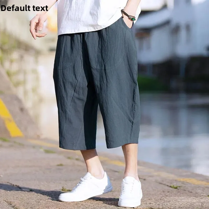 Summer Thin Solid Color Hemp Seven-Piece Men's Plus Size Loose-Fit Cotton Hemp Shorts Trendy Seven-Piece Casual Pants