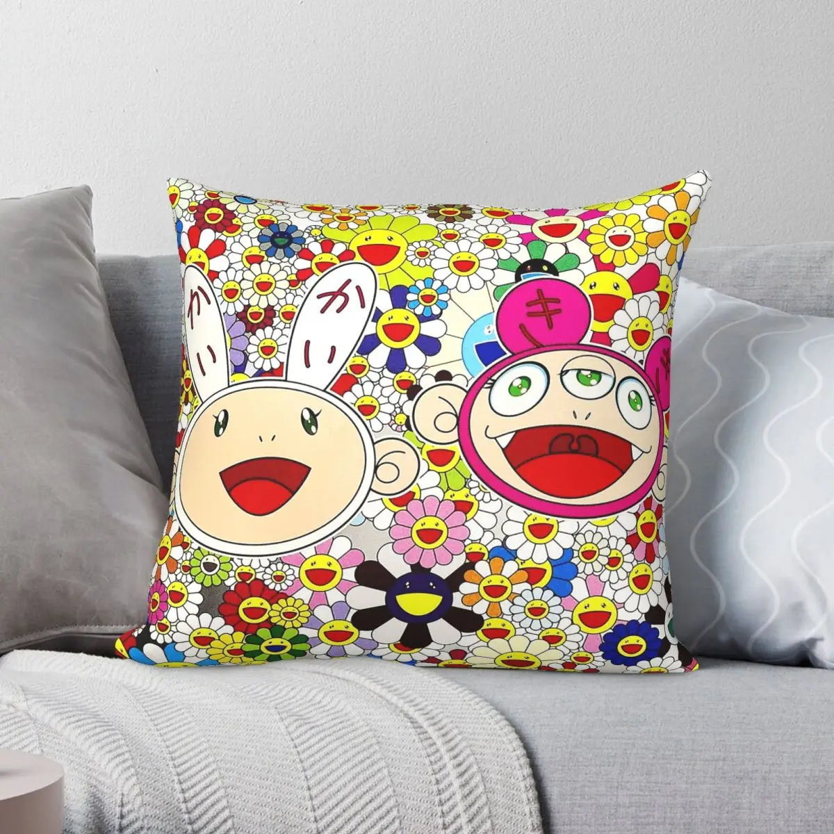 Takashi Murakami Panda Flowers Square Pillowcase Polyester Linen Velvet Pattern Zip Decor Pillow Case Sofa Cushion Cover 45x45