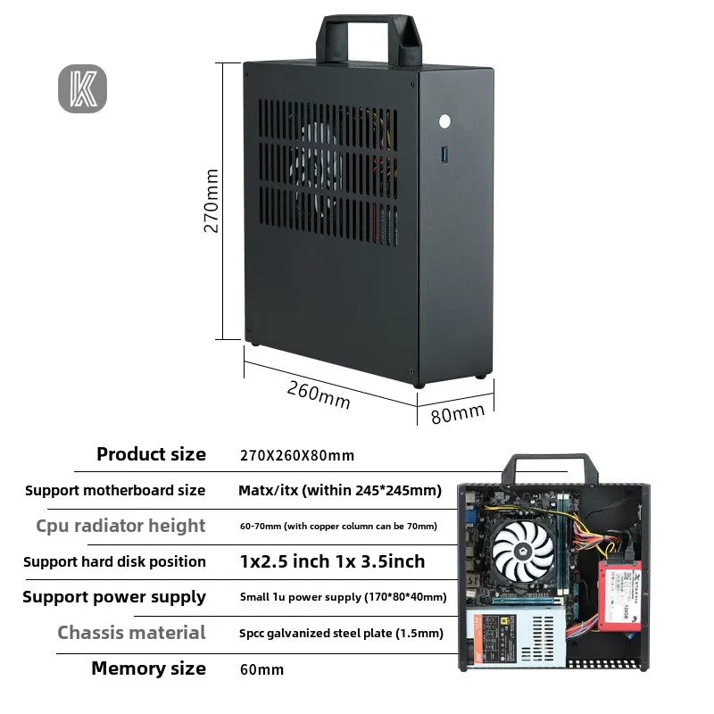 Cool Magic God X40 Портативный мини-мерный корпус mATX/ITX Портативный компактный основной дисплей K29 Маленький источник питания 1U