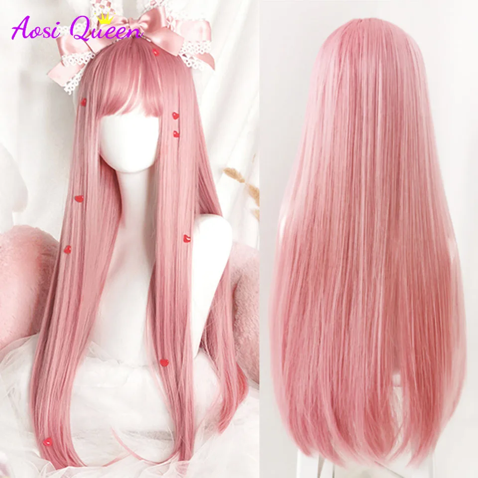 A0SI Peluca de Cosplay con flequillo para mujer, pelo lacio sintético, 24 pulgadas de largo, resistente al calor, color rosa