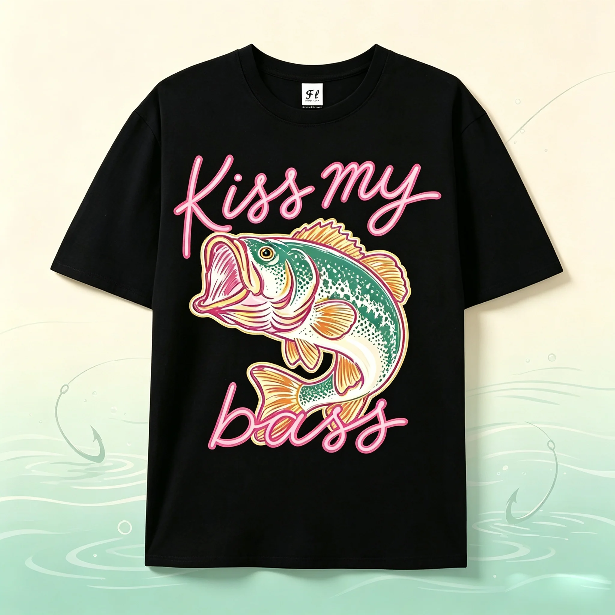 Kiss my bass Fishing Bass Print Crew Neck T‑Shirt Fun American Angling Theme Casual Top