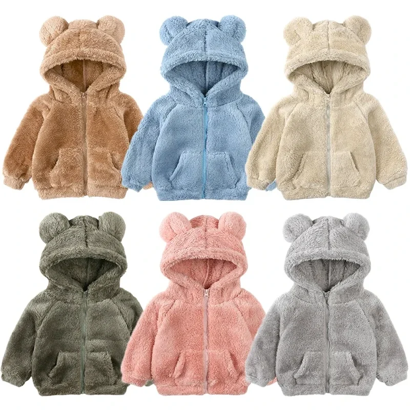 2024 Kids Winter Jacket For Boy Girl Solid Fleece Hoodies Bear Sweatshirt Top Korean Warm Coat For Children Outwear Clothes