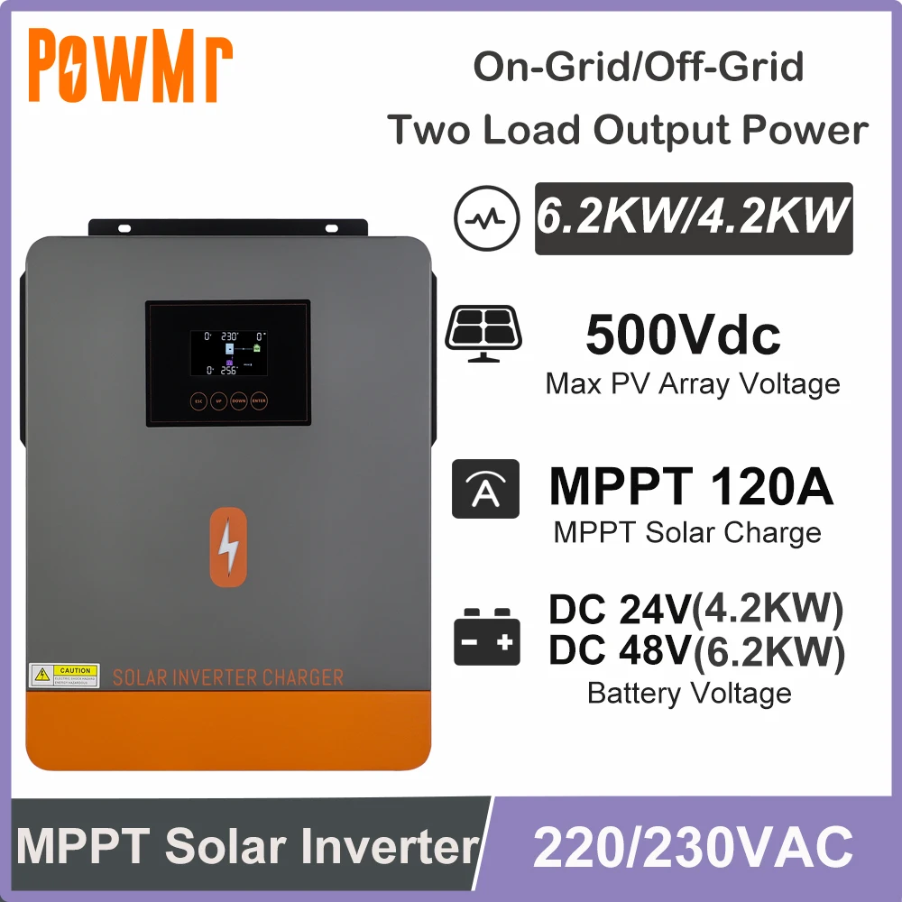 PowMr 6,2 kW 4,2 kW Hybrid-Inverter mit 120 A MPPT-Solarladeregler DC 24 V 48 V bis 230 V AC reiner Sinuswellen-On-Grid-Wechselrichter