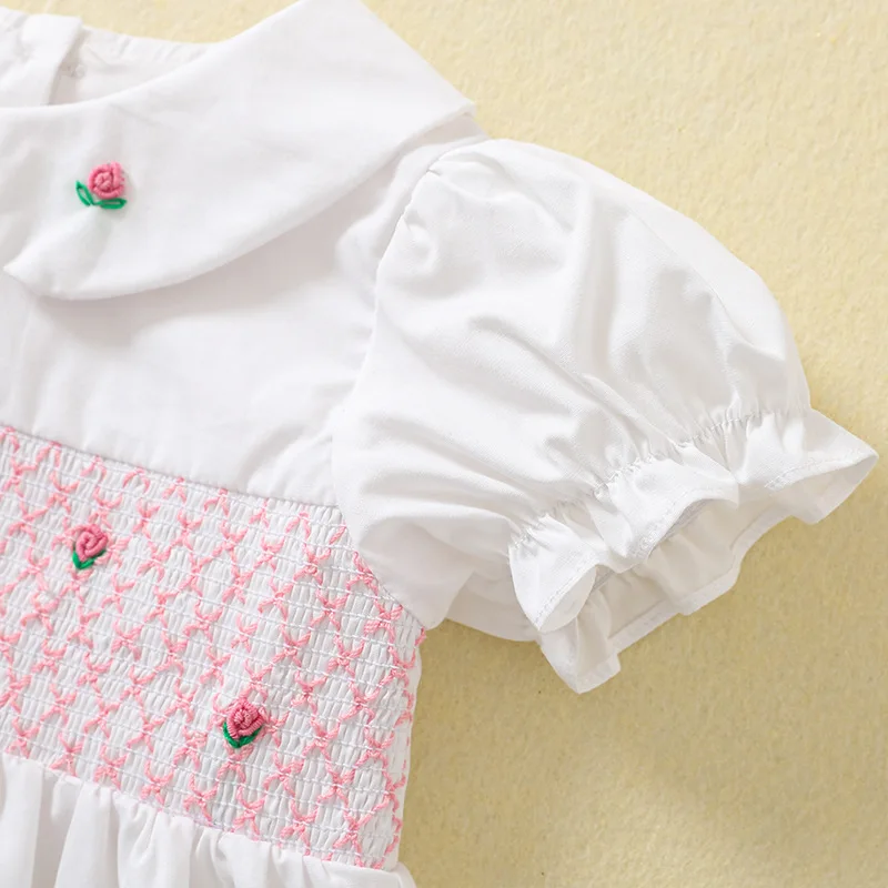 2024 Clibeso Boutique Design Handmade Embroidery Summer Dress for Baby Girls Kids Vintage Smocked White Dresses Children Outfits