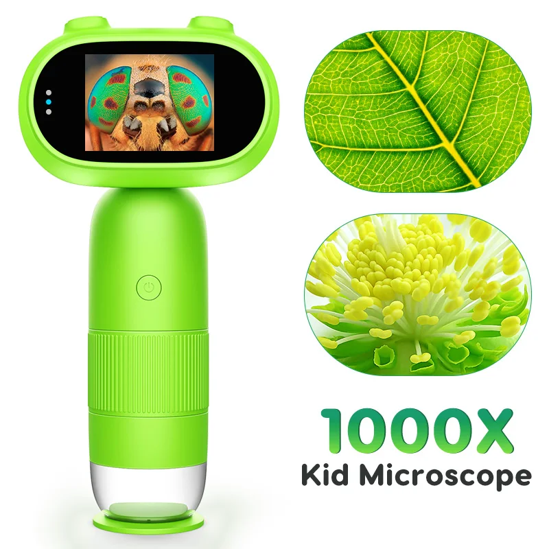 Microscope numérique portable pour enfants 1000X16MP, microscope de poche avec écran IPS de 2 pouces, 8 LED, vue sur PC, cadeaux pour enfants