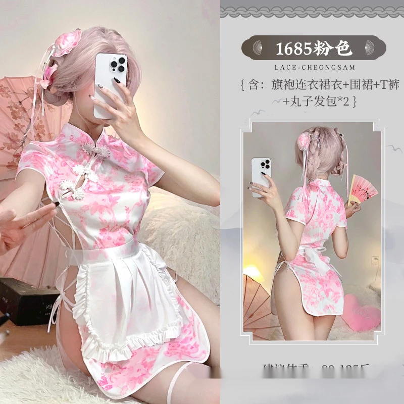 ฤดูร้อนใหม่จีนสาว Lolita จีน cheongsam ชุดหญิงส้อมพิมพ์ลูกไม้หลวมแขนสั้นชุด