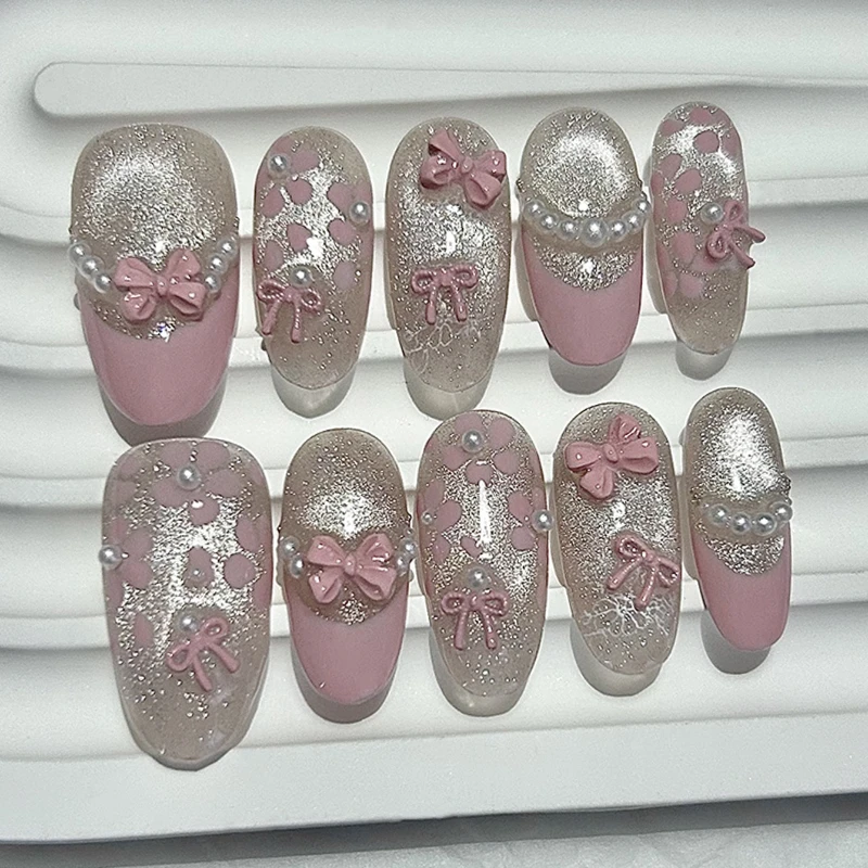 

10 Pieces Ballet French Short Nails Handmade Press On Nails Sweet Girl Heart Bow Fake Nails Removable Reusable