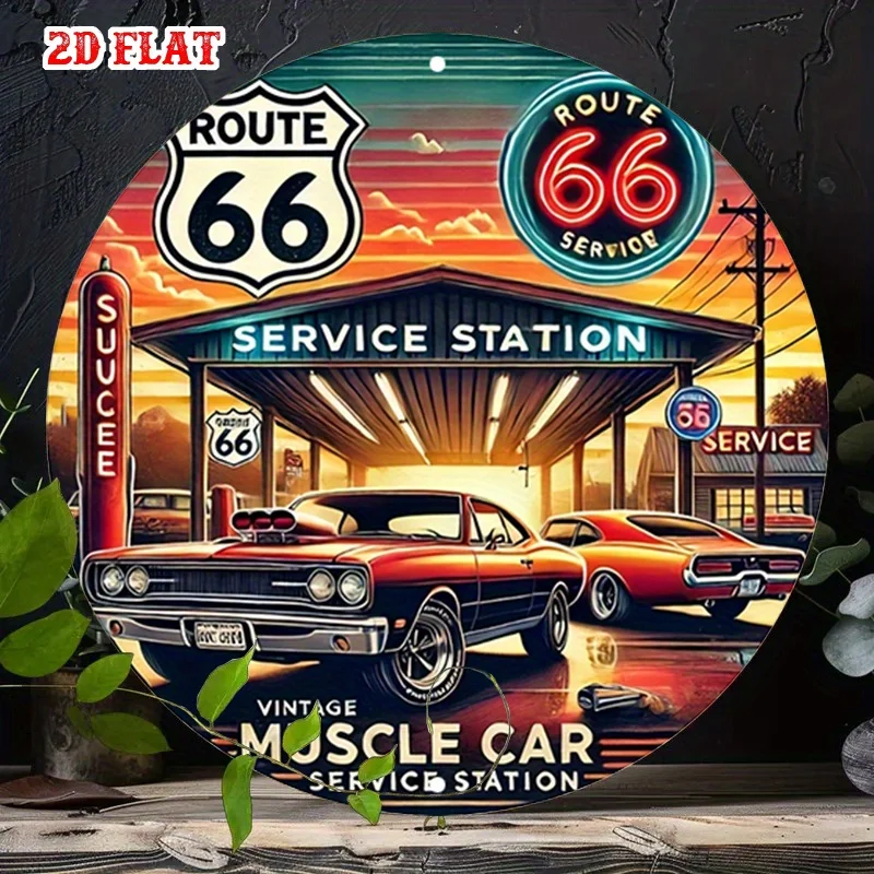 2D Flat, 1pc Vintage 1960s Route 66 Gas Station Metal Sign - Retro 50s/60s Muscle Car Garage Decor with Neon-Like Lighting