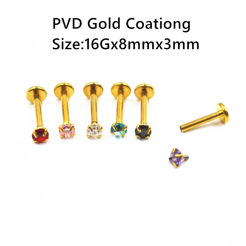 

LOT50pcs 16G Body Jewelry Piercing -Gold 16Gx8x3mm Round Colorful CZ Lip Labret Studs Ring Ear Helix Tragus Bar Lip Piercing