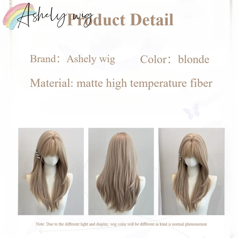 Blonde Perücke mit Pony, 55,9 cm, mittellanges glattes Haar, Perücke für Frauen, weiche, natürliche, hitzebeständige Fasern, synthetische Perücken – Detail 4