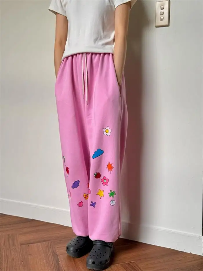 Printemps nouveau Sle main-dn fiti imprimer sport pantalon Long décontracté taille haute jambe droite pantalon pour les femmes