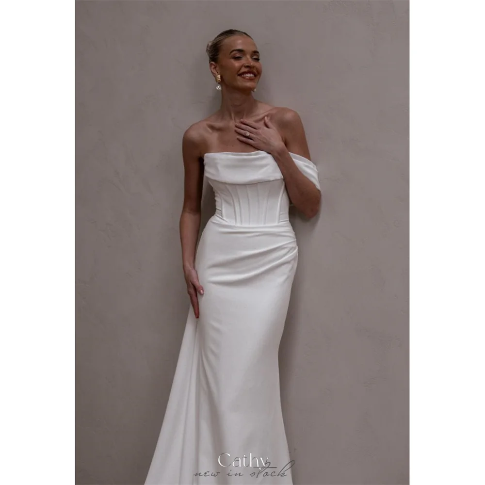 Cathy White Pleats One Shoulder Mermaid Wedding Dress Sleeveless Button Back Customized vestidos de noiva Long Train Formal 2025