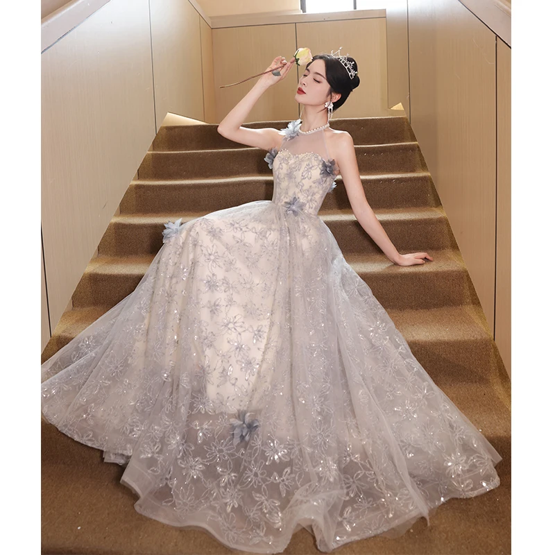 

Ele 2024 New Adult Ceremony Fairy T Evening Gown Luxury Performance Host Long Dr with Flower Pattern Polyester F...