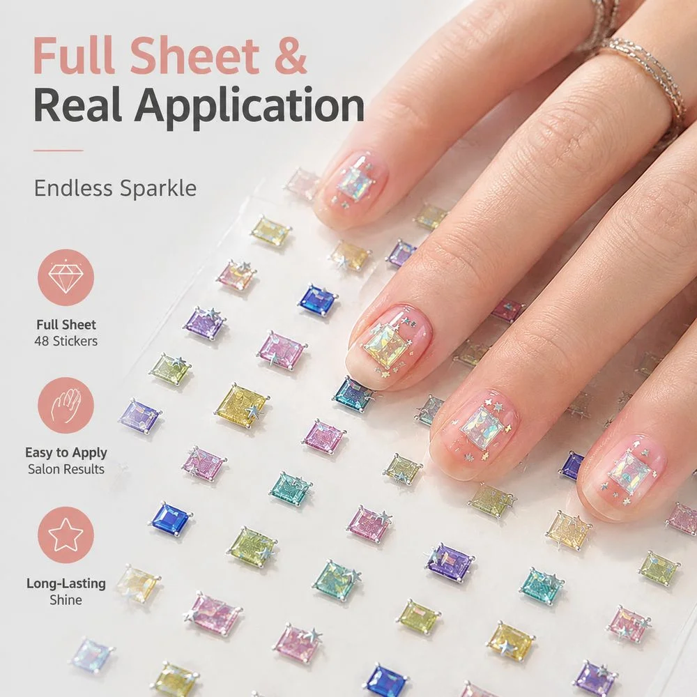 1Pc 3D Hologram Star Nail Decals Square Sugar Cube Imitation Diamond Self‑Adhesive Stickers For Women Manicure Ornament