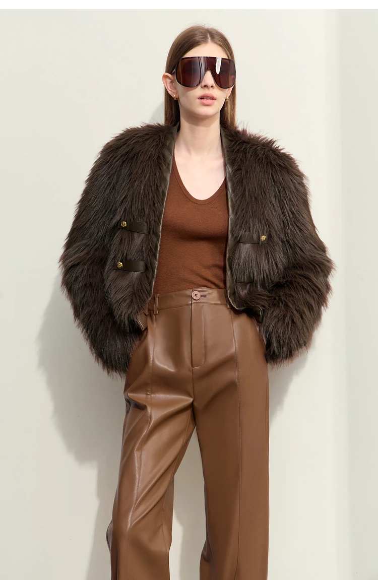 AMII 2026 Winter New Fur Jacket Solid Color Modern Warm Outerwear V-neck Imitation Fur Loose Spliced PU Top Female 12424012