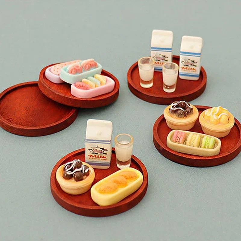 5PCS DIY Toy Scene Accessory Set, 1:12 Dollhouse Miniature Decorative Milk, Egg Tart, Biscuit Models, Include Meal Plate
